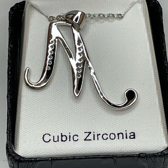 Fashion Jewelry Initial M with Cubic Zirconia Necklace - Picture 2 of 4